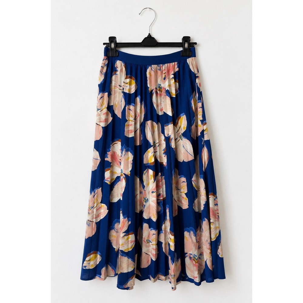 A New Day Pleated Midi Skirt Women Small Blue Floral Elastic Waist Boho Festival